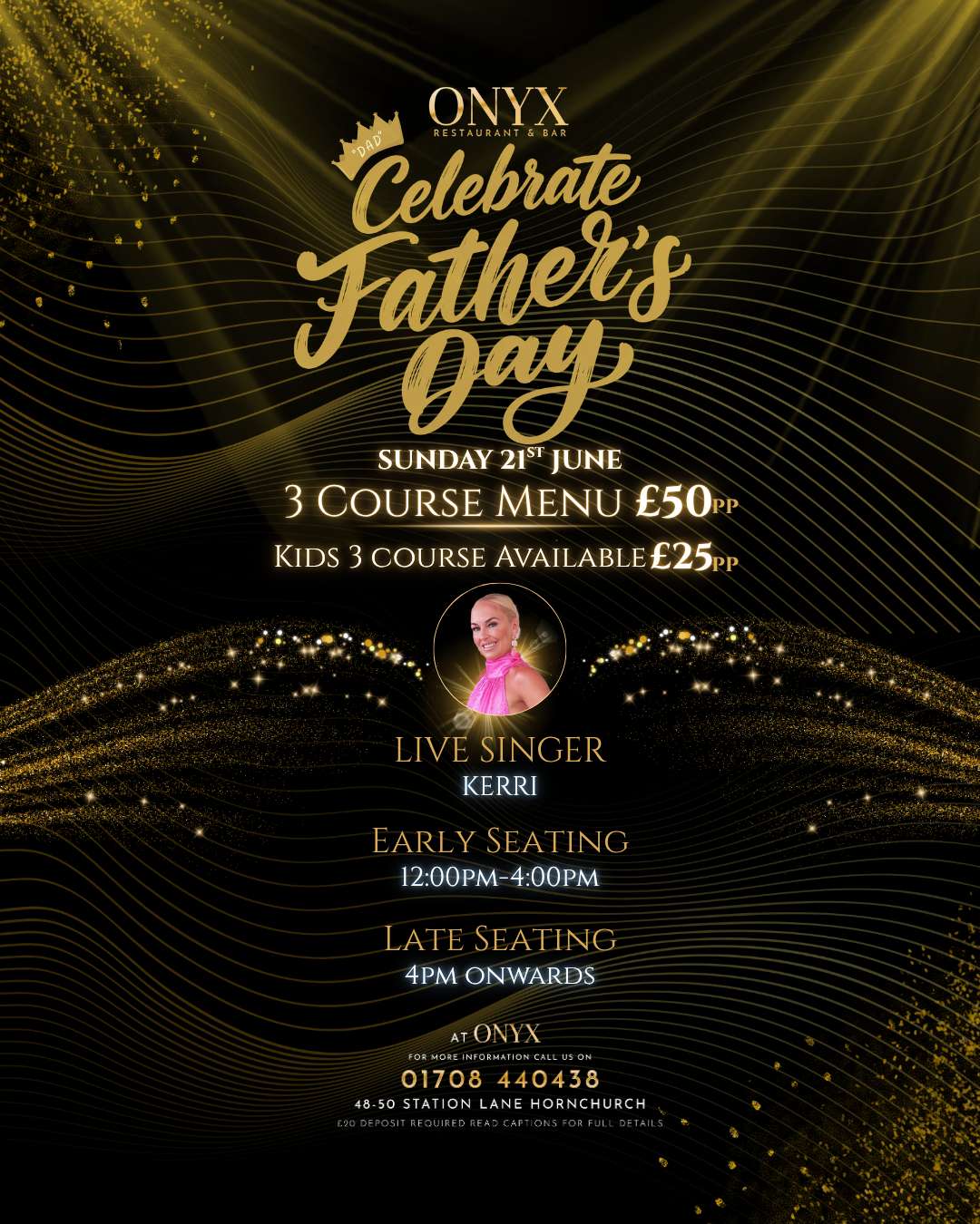 Father's Day three course menu poster at Onyx