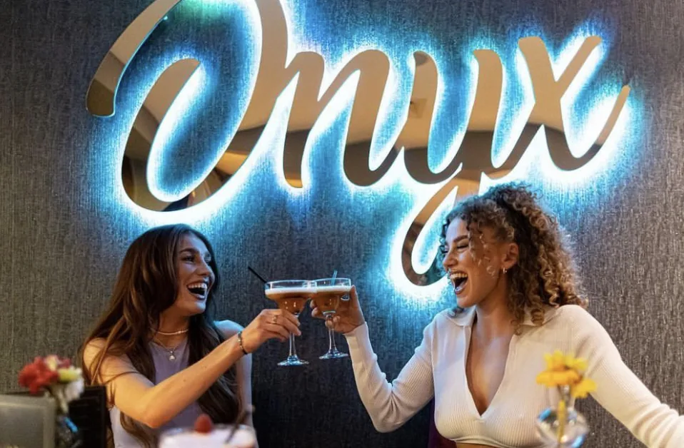 Guests toasting in front of the Onyx sign