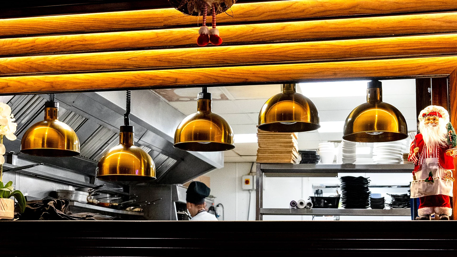 Restaurant kitchen and brass pendant lighting